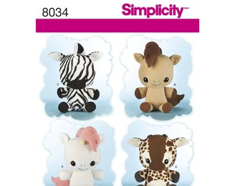 New Childrens Childs Girls Toddlers SIMPLICITY Sewing Patterns~8034 Toy Animal Zebra ,Horse Unicorn, Giraffe Stuffed OS Uncut