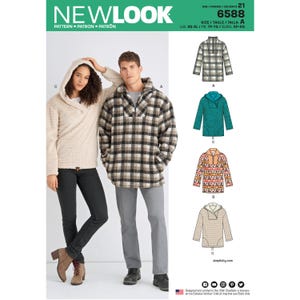 May include: A New Look sewing pattern for a hooded pullover and a quarter-zip jacket. The pattern includes various garment views, with options for different fabrics and designs. The size range is XS-XL.