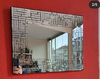 Handgefertigter Rechteckiger Mosaik-Spiegel, Silberner Wanddekor