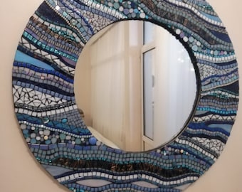 Handmade Round Mosaic Mirror, Blue Glass Wall Decor