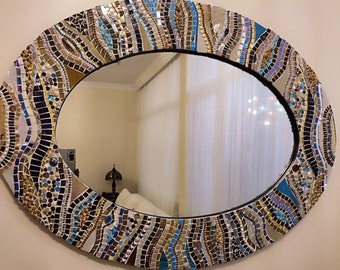 Handmade Blue Mosaic Mirror, Custom Design