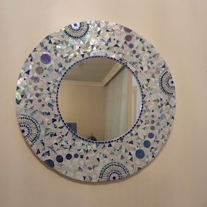 Round mosaic mirror, white mirror, blue mirror, Design mosaic mirror