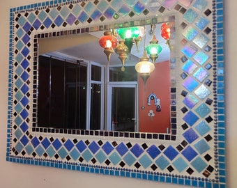 Handgemaakte blauwe mozaïekspiegel, rechthoekig wanddecor