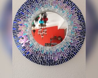 Handgemaakte ronde mozaïekspiegel, blauwe glastegel
