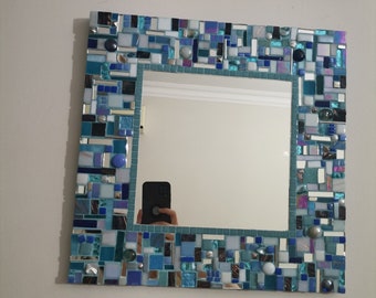 Blue Mosaic Mirror, Handmade Wall Art (38cm)