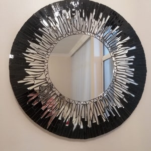 Espejo de mosaico redondo de plata negra hecho a mano para pared