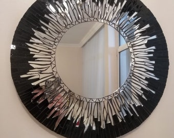Schwarz Silber runden Mosaik Spiegel handgefertigtes wallart
