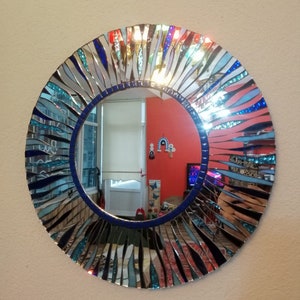 Round mosaic mirror, silver, Turquoise, blue image 1