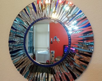 Round mosaic mirror, silver, Turquoise, blue