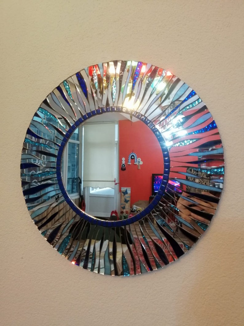 Round mosaic mirror, silver, Turquoise, blue image 1