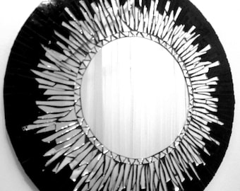 Black silver round mosaic mirror handmade wallart