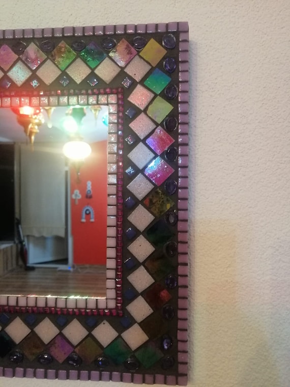 Specchio rettangolare in mosaico, specchio in mosaico viola, specchio  piccolo in mosaico -  Italia