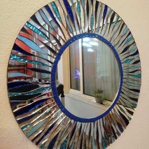 Round mosaic mirror, silver, Turquoise, blue image 3