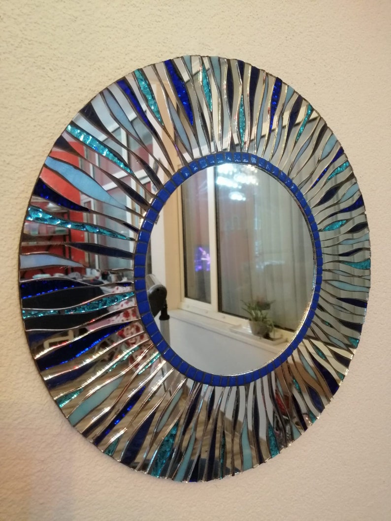 Round mosaic mirror, silver, Turquoise, blue image 3
