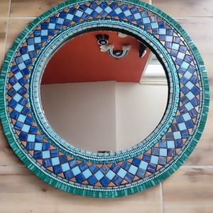 Blue green detailed round mosaic mirror handmade mosaic mirror