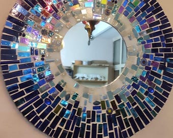 Blue and white round mosaicMosaic mirror 30 cm