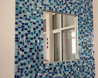 Blue Mosaic Wall Mirror, Handmade Decor