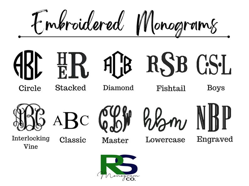 May include: An image showcasing various embroidered monogram styles, including Circle, Stacked, Diamond, Fishtail, Boys, Interlocking Vine, Classic, Master, Lowercase, and Engraved. The text "Embroidered Monograms" is at the top.