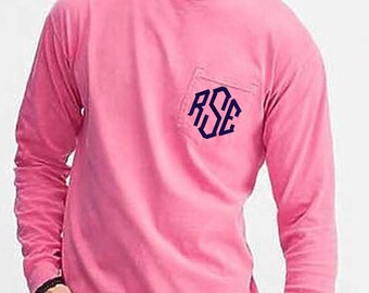 Long Sleeve Comfort Colors Pocket Tee, Monogrammed Long sleeve, Monogrammed Comfort Colors, Pocket Tee, Embroidered Monogram, Personalized