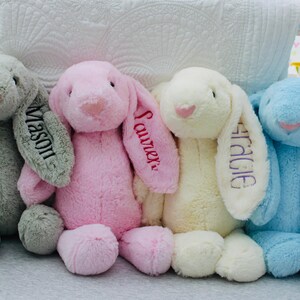 May include: Four plush bunny toys, each with a different color and personalized with a name. The bunnies are gray, pink, cream, and blue. The names are Mason, Sawyer, Gracie, and  Beddell.