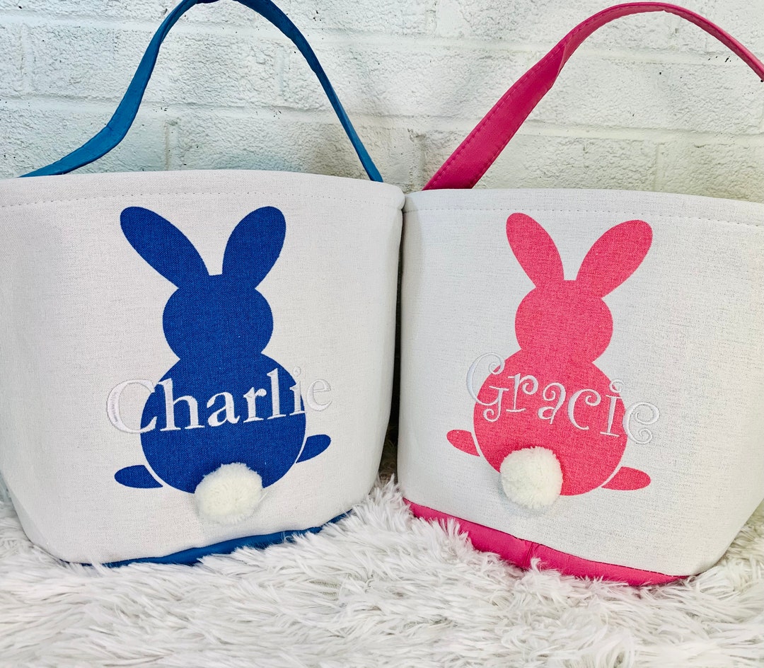 2 Pcs Easter Eggs Baskets For Kids,Canvas Personalized Easter Bunny Hunt Baskets Bucket Tote Gifts Bags With Rabbit Tail Girls Boys