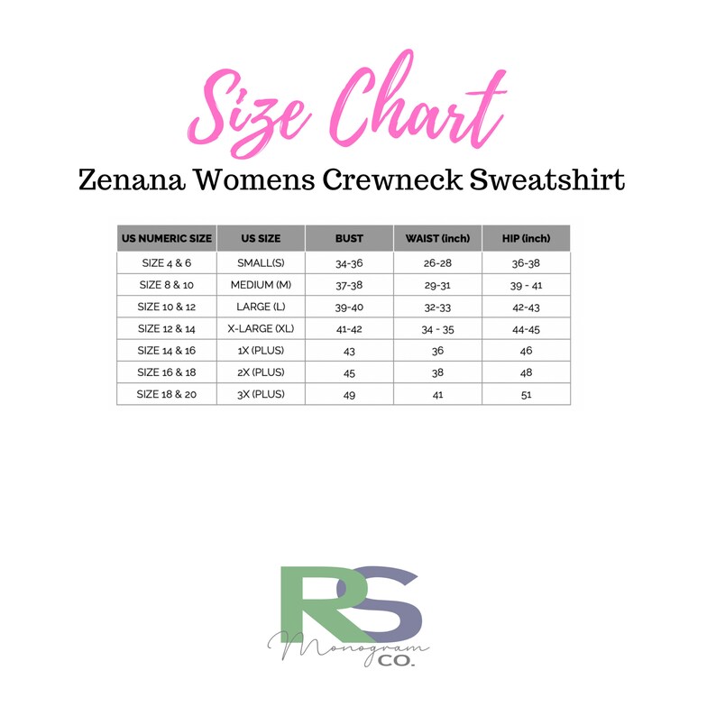 May include: Size chart for a women's crewneck sweatshirt. The chart shows US numeric sizes, US sizes, bust, waist in inches, and hip in inches.