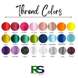 May include: A chart of thread colors for embroidery. The colors are arranged in rows and labeled with their names. The colors include red, maroon, fuchsia, light pink, rose gold, peach, orange, yellow, gold, green, emerald, olive, navy blue, light blue, royal blue, aqua, purple, lavender, black, white, ivory, silver, grey, and brown.