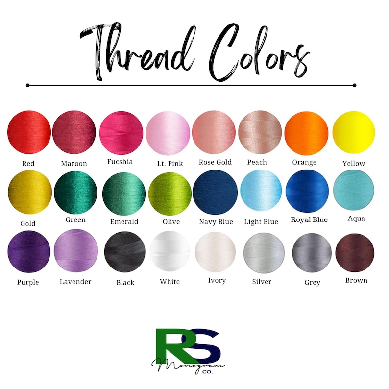 May include: A chart of thread colors for embroidery. The colors are arranged in rows and labeled with their names. The colors include red, maroon, fuchsia, light pink, rose gold, peach, orange, yellow, gold, green, emerald, olive, navy blue, light blue, royal blue, aqua, purple, lavender, black, white, ivory, silver, grey, and brown.