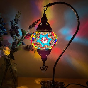FREE Shipment And Led Bulb   Turkish Moroccan Mosaic Multi Colour Swan Neck Desk Table Lamp Light EU UK Certified