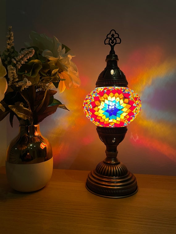 thumbnail image 2 of Stunning Turkish Moroccan Style Gold Table Lamp With Colorful Mosaic Glass Shade - Perfect For Living Room Decor (Comes With Free Bulb!) 2 of 3