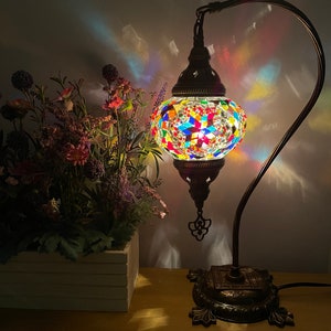 FREE Shipment And Led Bulb Turkish Moroccan Mosaic Multi Coloured Swan Neck Desk Table Lamp Light EU UK Certified