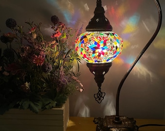 FREE Shipment And Led Bulb Turkish Moroccan Mosaic Multi Coloured Swan Neck Desk Table Lamp Light EU UK Certified