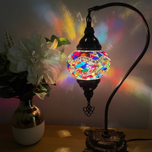 FREE Shipment And Led Bulb Turkish Moroccan Mosaic Multi Coloured Swan Neck Desk Table Lamp Light EU UK Certified