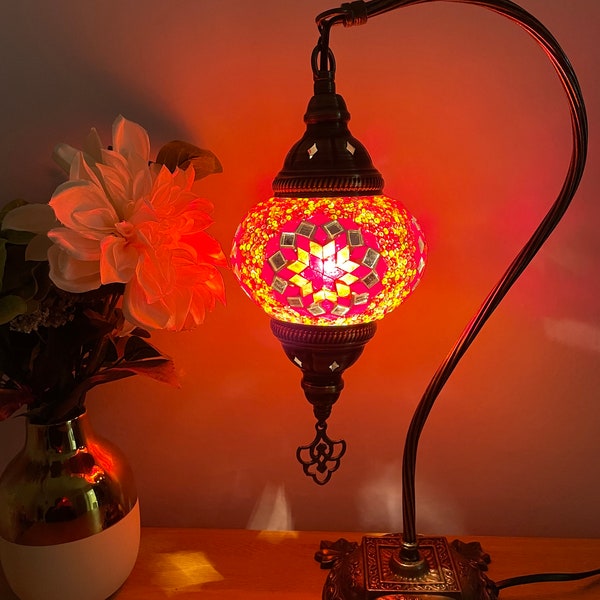 Free Shipment And Led Bulb Turkish Moroccan Mosaic Multi Red Coloured Swan Neck Desk Table Lamp Light EU UK Certified