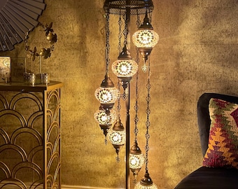 FREE Shipment And Led Bulbs 7 Globes Turkish Moroccan Mosaic Golden Colour Floor Lamp Corner Light 155cm EU UK Certified