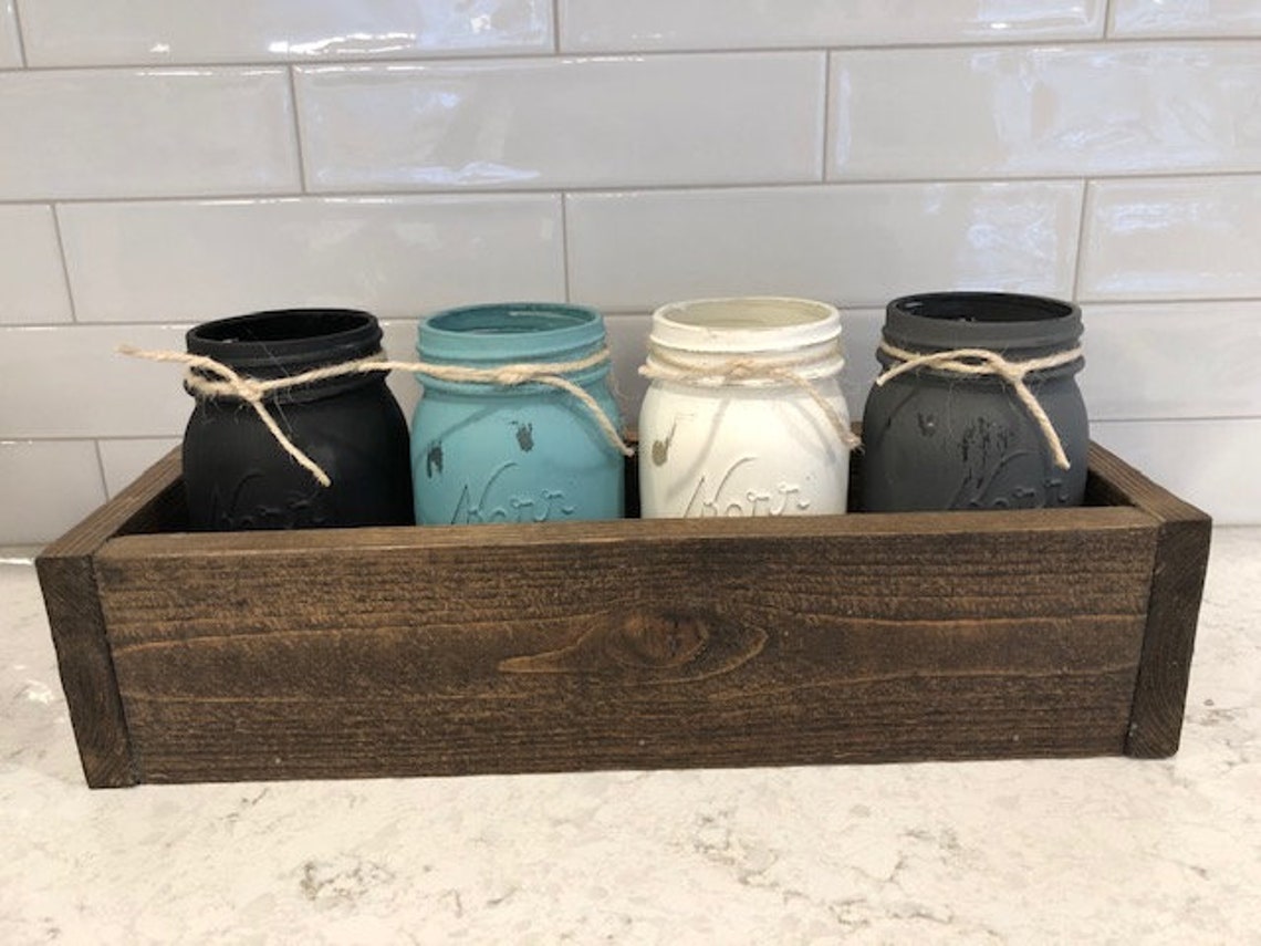 Wood Box With 4 Pint Mason Jars Etsy