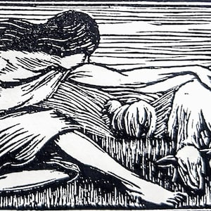 1959 Gwen Raverat  &#39;Chloe and the Lambs&#39; Engraving Printed from the Original Hardwood Block at Print Size Approx. 4 x 1.25 Inches
