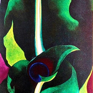 Könnte beinhalten: Abstrakte Malerei einer Blume in den Farben Grün, Blau, Weiß und Rosa. Die Blume ist stilisiert dargestellt, wobei die Blütenblätter und der Stiel eine Reihe von geschwungenen Linien bilden.