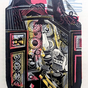 1950 John O'Connor Holzstich Linolschnitt Gedruckt von Original Blöcken “Newly Painted Cabin” Bogengröße ca. 21 x 15 cm