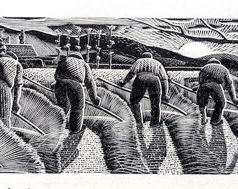 1950 Lennox Paterson  A Wood Engraving Taken From "The Roadmender" Farmers in Field - Harvest - landscape -  Art Sheet Size 5 x  2.25 Inches