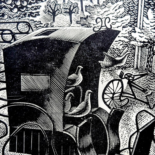 1946 Eric Ravilious Wood Engraving The Handsome Cab And Pigeons  Sheet Size Approx. 7.25 x 4.75 Inches