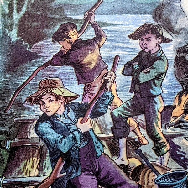 1955 Tom Sawyer, Tom, Joe und Huck auf dem Floß Original Vintage Druck - Kinderbuch - Montiert - Wand Dekor