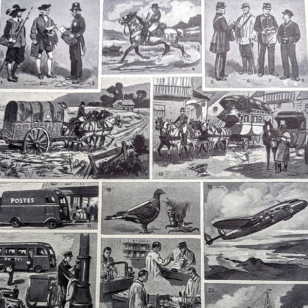 1948 Postal Services Throughout the Ages Original Vintage Print - Messenger -Couriers -  French  Vintage Illustration - Mounted Wall Décor