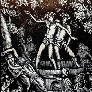 1959 Gwen Raverat &#39;The Vintage Feast&#39; Wood Engraving Printed from the Original Hardwood Block Print Size Approx. 4 x 6 Inches