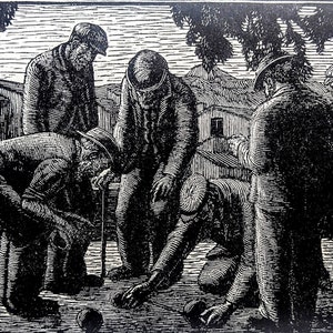 1959 Gwen Raverat &#39;Jeu de Boules, Vence&#39; Wood Engraving Printed from the Original Hardwood Block Print Size Approx. 4 x 6 Inches
