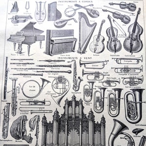 1948 Musical Instruments Original Vintage French Print - Percussion - Bowed String - Brass - Woodwind Instruments - Mounted - Wall  Décor