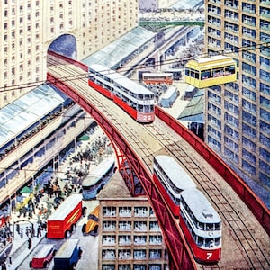 May include: A futuristic city scene with multiple buildings, a red and white train on a raised track, and a yellow train on a cable system. There are also several airplanes flying overhead.