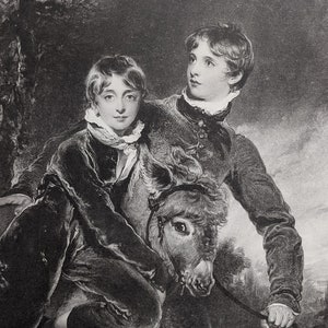 May include: A black and white engraving of two young boys riding a donkey. The boys are dressed in formal clothing and are looking in different directions. The donkey is in the foreground and the boys are behind it.