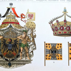 1908 German Emperor Coat of Arms, Crown and Flags Original Antique Print - Lithograph - Mounted & Matted  - Wall Décor