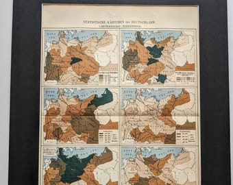 1875 Population Conditions Statistical Map of Germany I Original Vintage Print - Antique - Maps  - Europe  Available Mounted and Matted